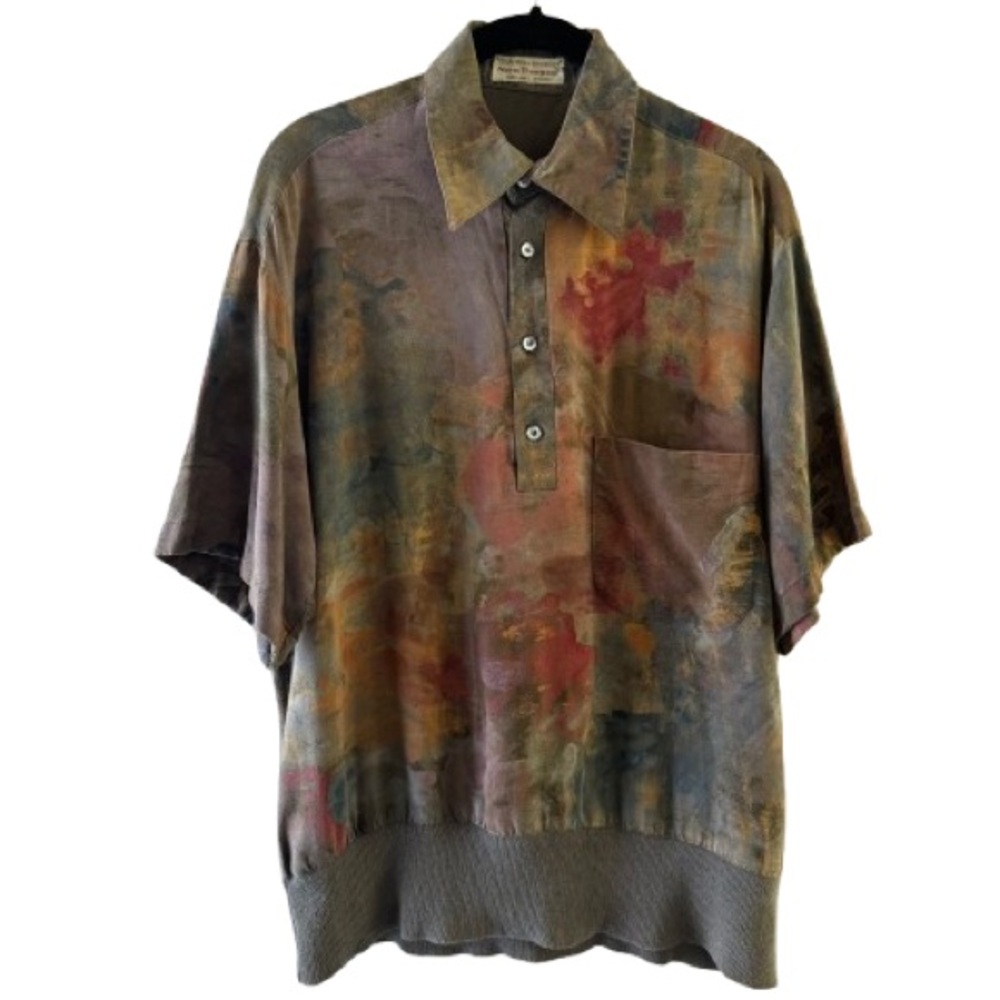 Vintage 80s Norm Thompson Abstract Watercolor Banded Waist Polo Shirt Artsy